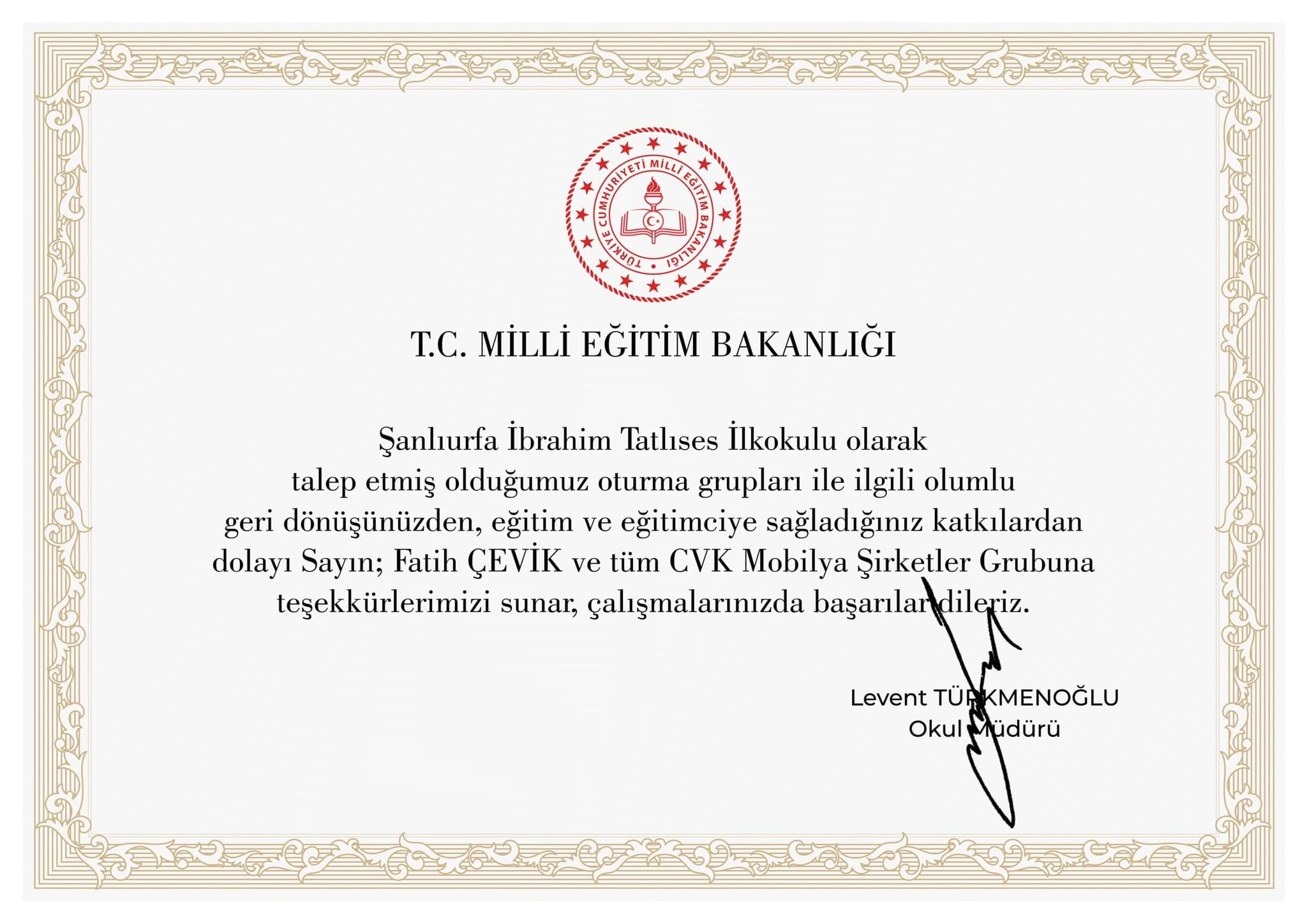 T.C Milli Eğitim Bakanlığı Teşekkür Belgemiz 